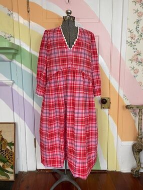 Lady Captain Cotton Yacht Club Caftan in Pink & Red Plaid Scalloped Trim Sz M 🧡🎀